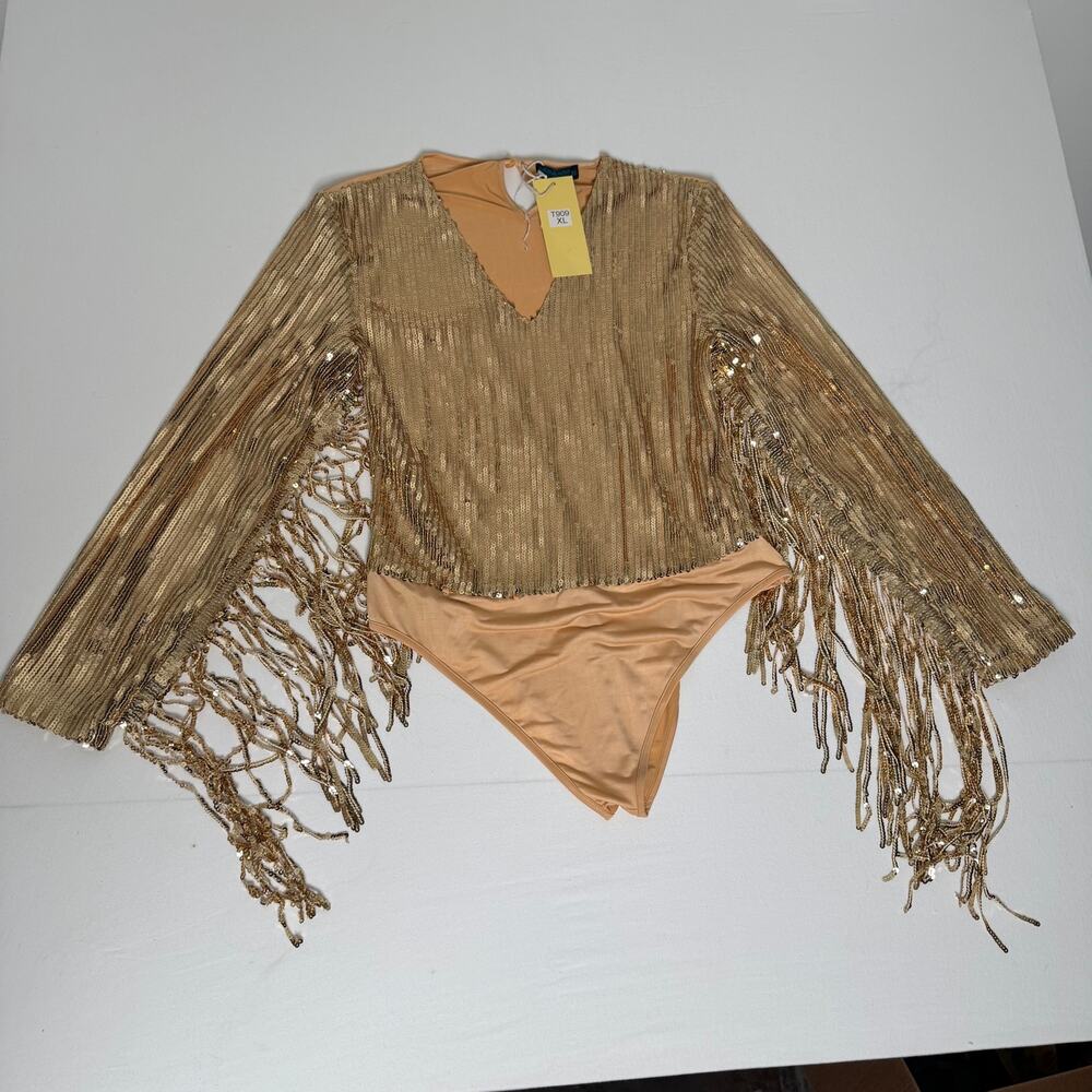 Fashion Express Gold Sequin Fringe Bodysuit XL Long Sleeve Western Glam Rodeo